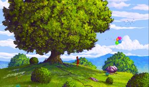 Preview wallpaper tree, field, balloons, summer, child