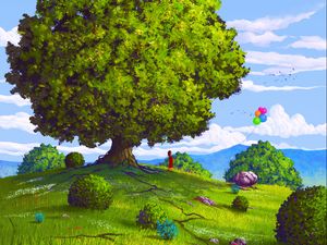 Preview wallpaper tree, field, balloons, summer, child