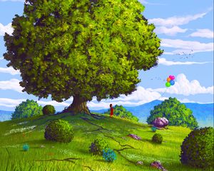 Preview wallpaper tree, field, balloons, summer, child