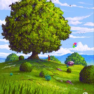 Preview wallpaper tree, field, balloons, summer, child