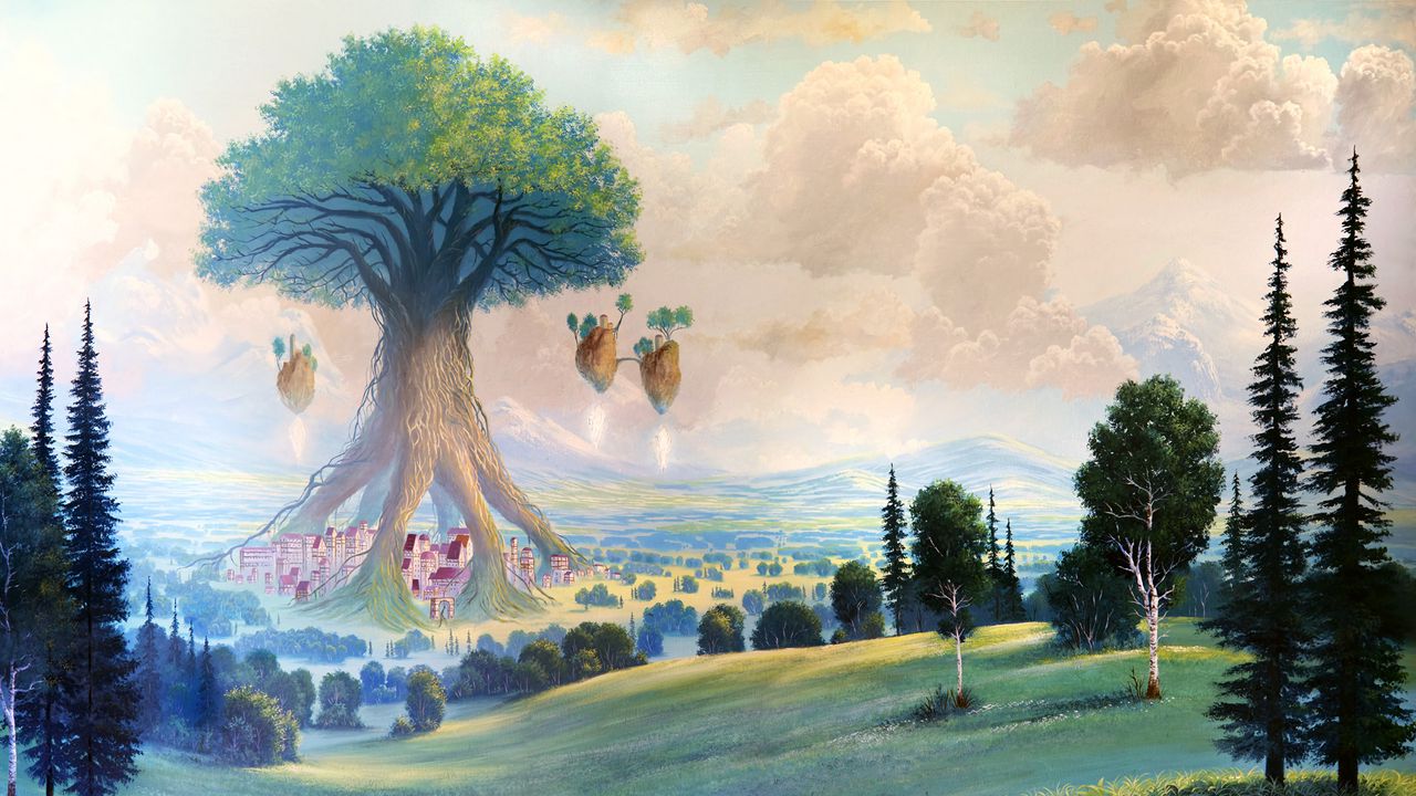 Wallpaper tree, field, hills, fantasy, art