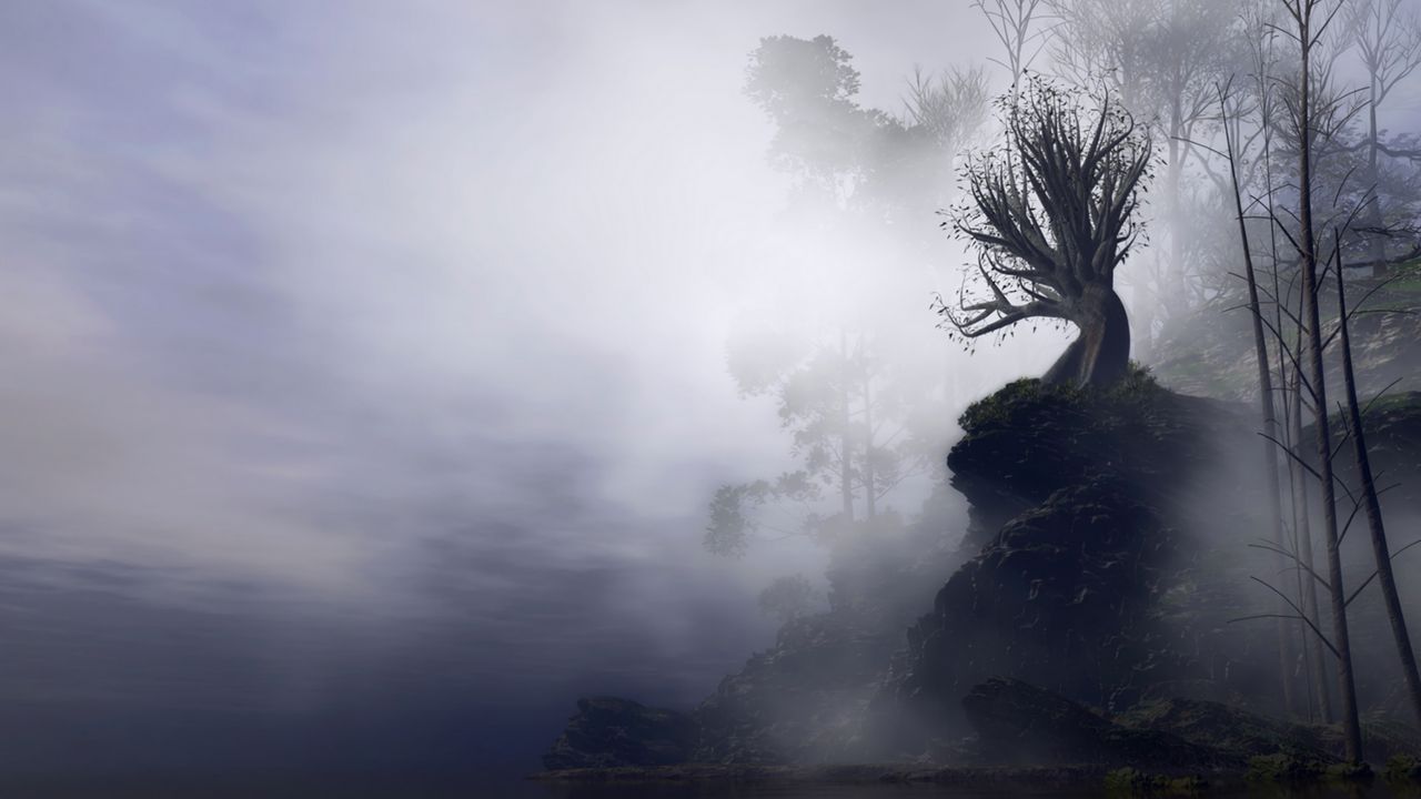 Wallpaper tree, fog, art, rock, cliff, branches, gloomy