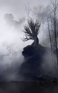 Preview wallpaper tree, fog, art, rock, cliff, branches, gloomy