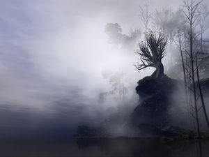 Preview wallpaper tree, fog, art, rock, cliff, branches, gloomy