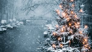Preview wallpaper tree, garland, snow, winter, new year