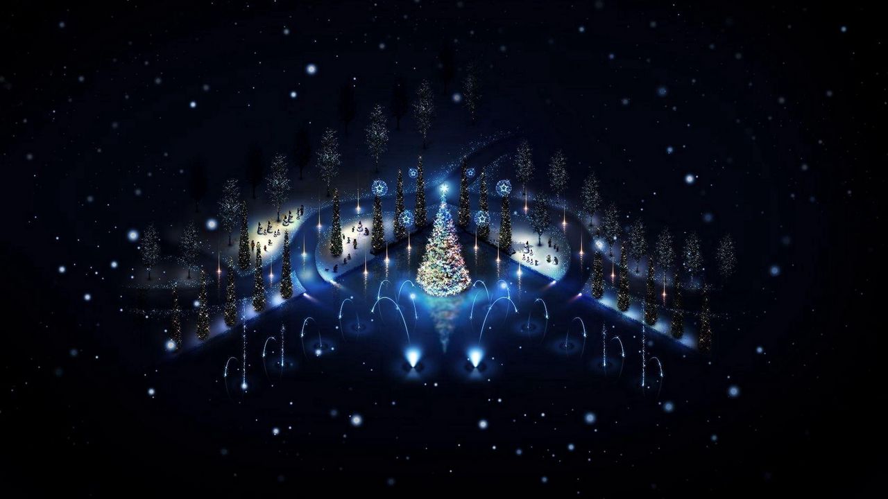 Wallpaper tree, garlands, holiday, fireworks, christmas, night