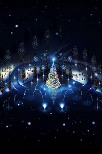 Preview wallpaper tree, garlands, holiday, fireworks, christmas, night