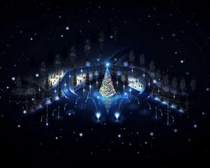 Preview wallpaper tree, garlands, holiday, fireworks, christmas, night