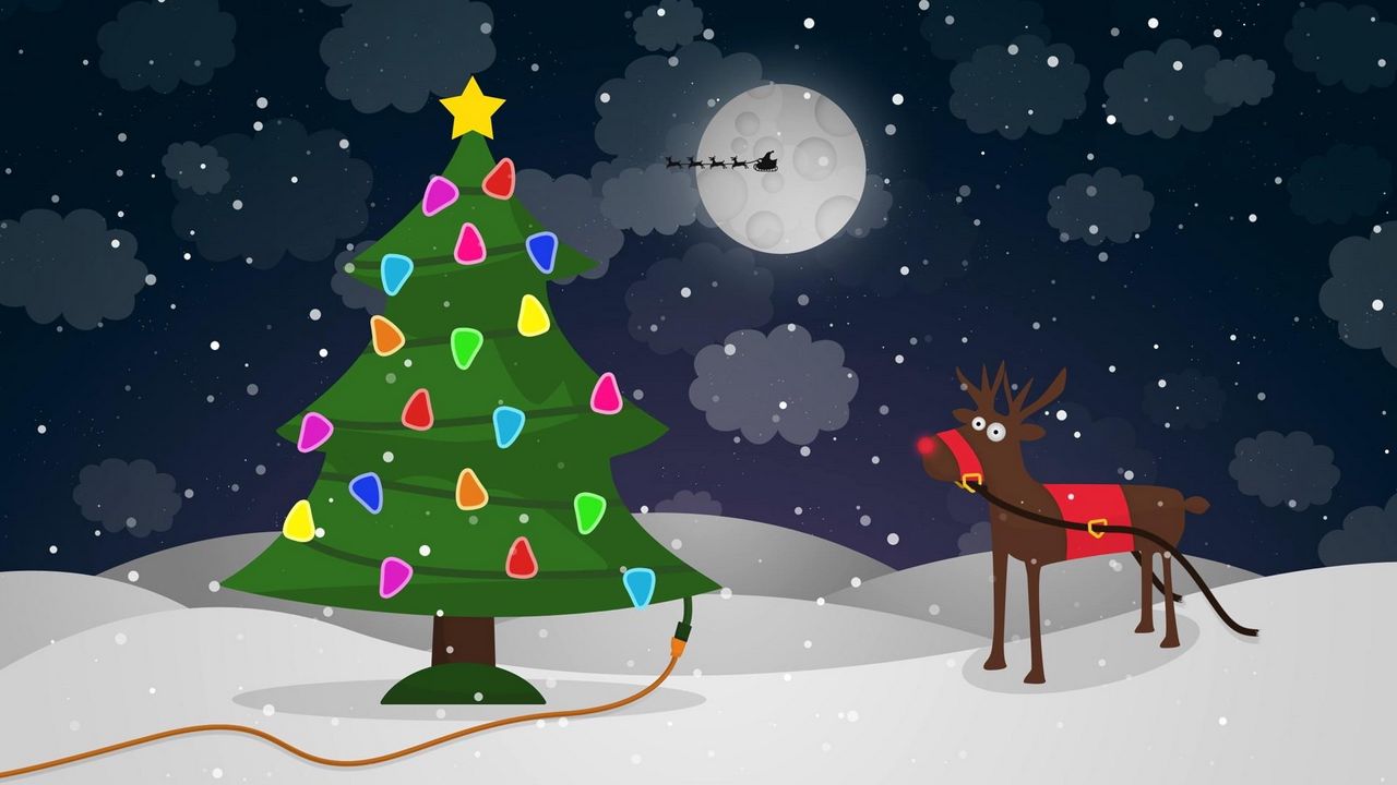 Wallpaper tree, garlands, wire, reindeer, christmas, moon, santa claus, sleigh, flying