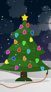 Preview wallpaper tree, garlands, wire, reindeer, christmas, moon, santa claus, sleigh, flying