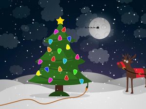 Preview wallpaper tree, garlands, wire, reindeer, christmas, moon, santa claus, sleigh, flying