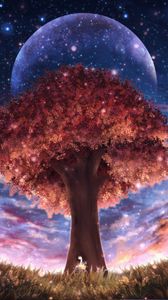 Preview wallpaper tree, girl, space, glare, art