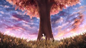 Preview wallpaper tree, girl, space, glare, art