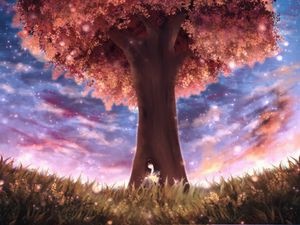 Preview wallpaper tree, girl, space, glare, art