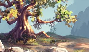 Preview wallpaper tree, grass, art, stones, branches
