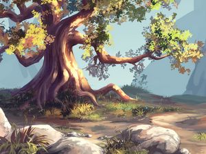 Preview wallpaper tree, grass, art, stones, branches