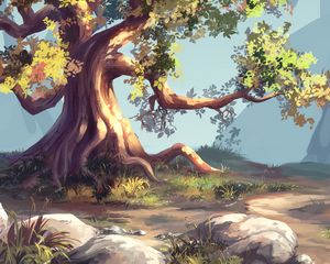 Preview wallpaper tree, grass, art, stones, branches