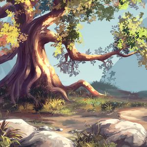 Preview wallpaper tree, grass, art, stones, branches