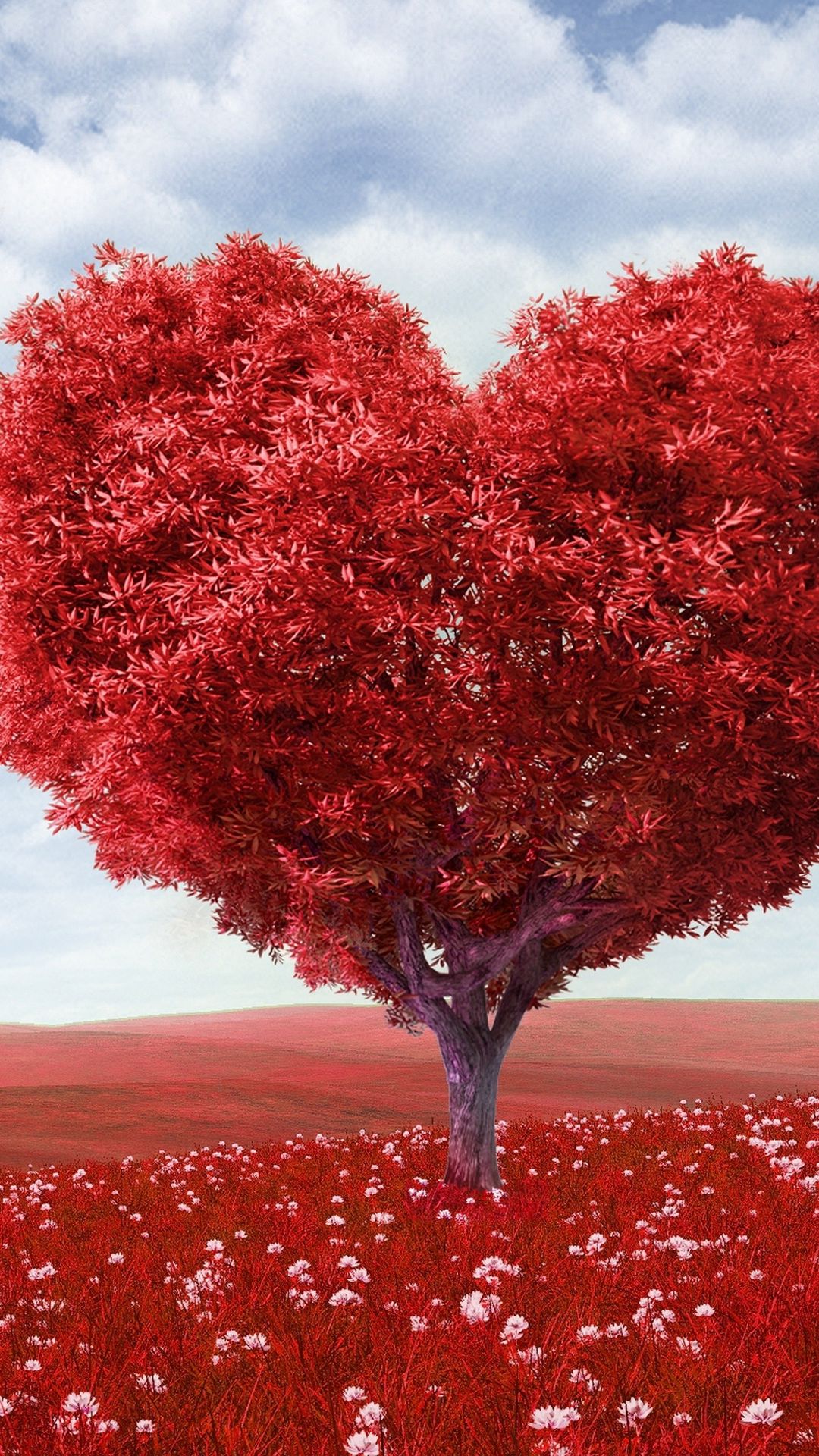 1080x1920 Wallpaper tree, heart, photoshop, field, grass, romance