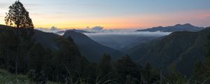 Preview wallpaper tree, hills, mountains, sunset, grass, nature