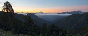 Preview wallpaper tree, hills, mountains, sunset, grass, nature