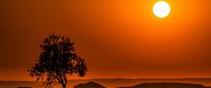 Preview wallpaper tree, hills, sunset, horizon, landscape