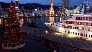 Preview wallpaper tree, holiday, port, ship, night, lights