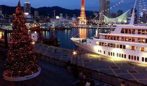 Preview wallpaper tree, holiday, port, ship, night, lights