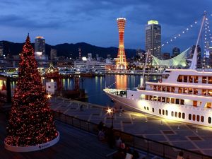 Preview wallpaper tree, holiday, port, ship, night, lights