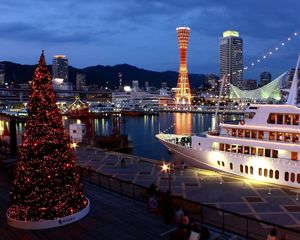 Preview wallpaper tree, holiday, port, ship, night, lights