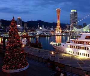 Preview wallpaper tree, holiday, port, ship, night, lights