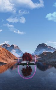 Preview wallpaper tree, lake, mountains, ring, neon, reflection