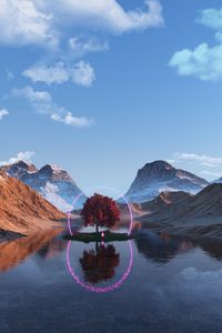 Preview wallpaper tree, lake, mountains, ring, neon, reflection