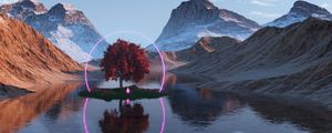 Preview wallpaper tree, lake, mountains, ring, neon, reflection