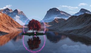 Preview wallpaper tree, lake, mountains, ring, neon, reflection