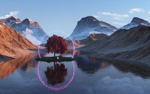 Preview wallpaper tree, lake, mountains, ring, neon, reflection