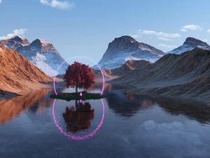 Preview wallpaper tree, lake, mountains, ring, neon, reflection