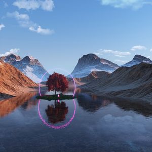 Preview wallpaper tree, lake, mountains, ring, neon, reflection