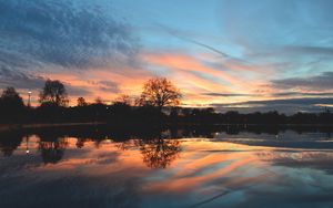 Preview wallpaper tree, lake, pond, evening, sunset