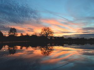Preview wallpaper tree, lake, pond, evening, sunset