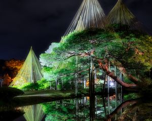 Preview wallpaper tree, lake, reflection, gazebo, light, dark