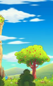 Preview wallpaper tree, landscape, art, apple, grass, hills, bushe