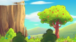 Preview wallpaper tree, landscape, art, apple, grass, hills, bushe