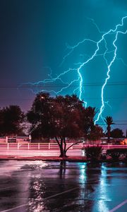 Preview wallpaper tree, lightning, night, road