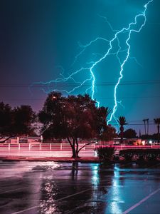 Preview wallpaper tree, lightning, night, road