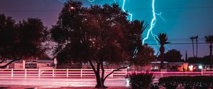 Preview wallpaper tree, lightning, night, road