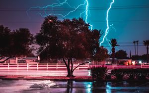 Preview wallpaper tree, lightning, night, road