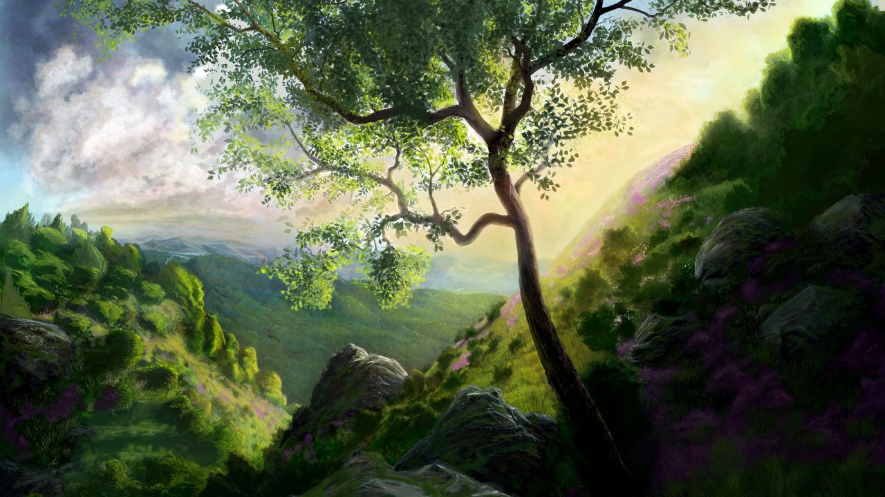 Wallpaper tree, mountains, green, art