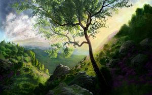 Preview wallpaper tree, mountains, green, art