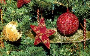 Preview wallpaper tree, needles, christmas decorations, balloons, stars, holiday